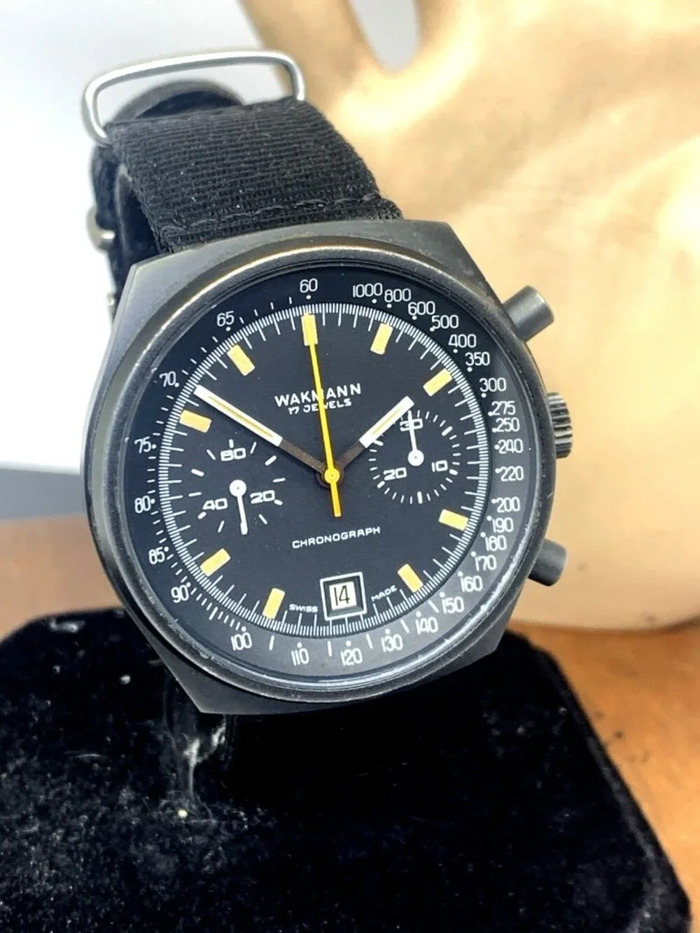 Wakmann Men's Watch Vintage Swiss Manual Wind 13.33 Chronograph Black Dial 41mm